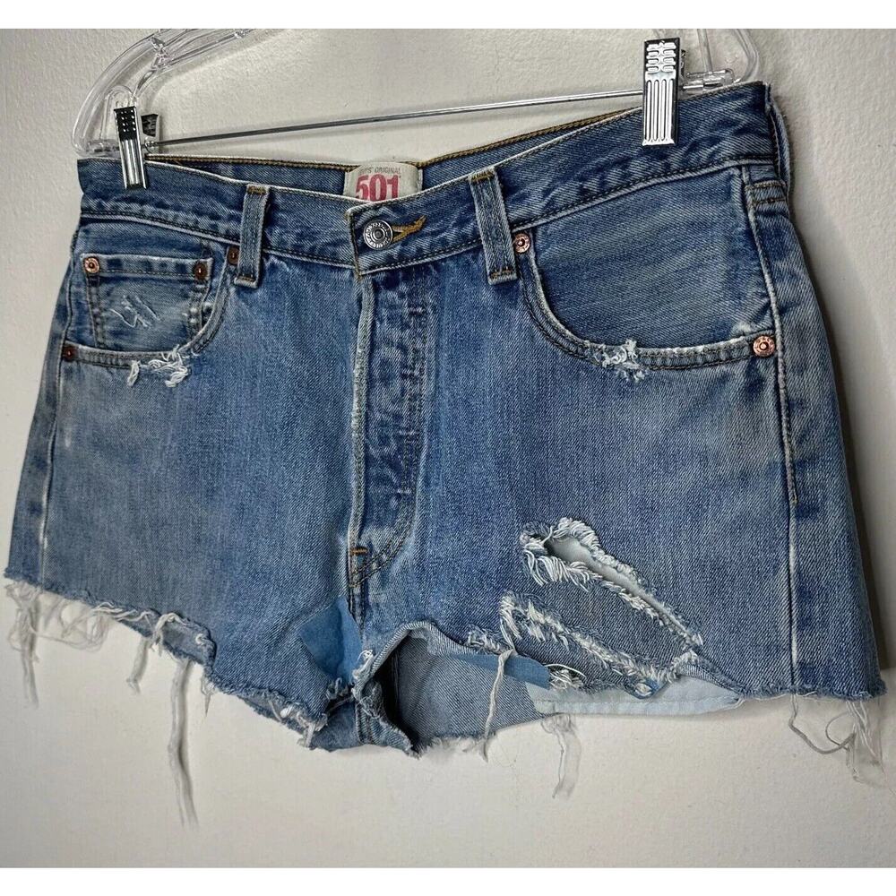 Levis 501 Medium Blue Wash Button Fly Distressed Raw Hem Shorts 34